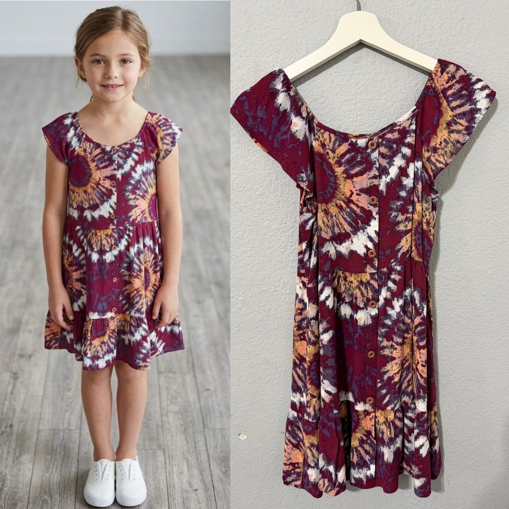 Art Class Girls L 10/12‎ Dress Burgundy Tie Dye Flutter Sleeve Tiered Boho Flare